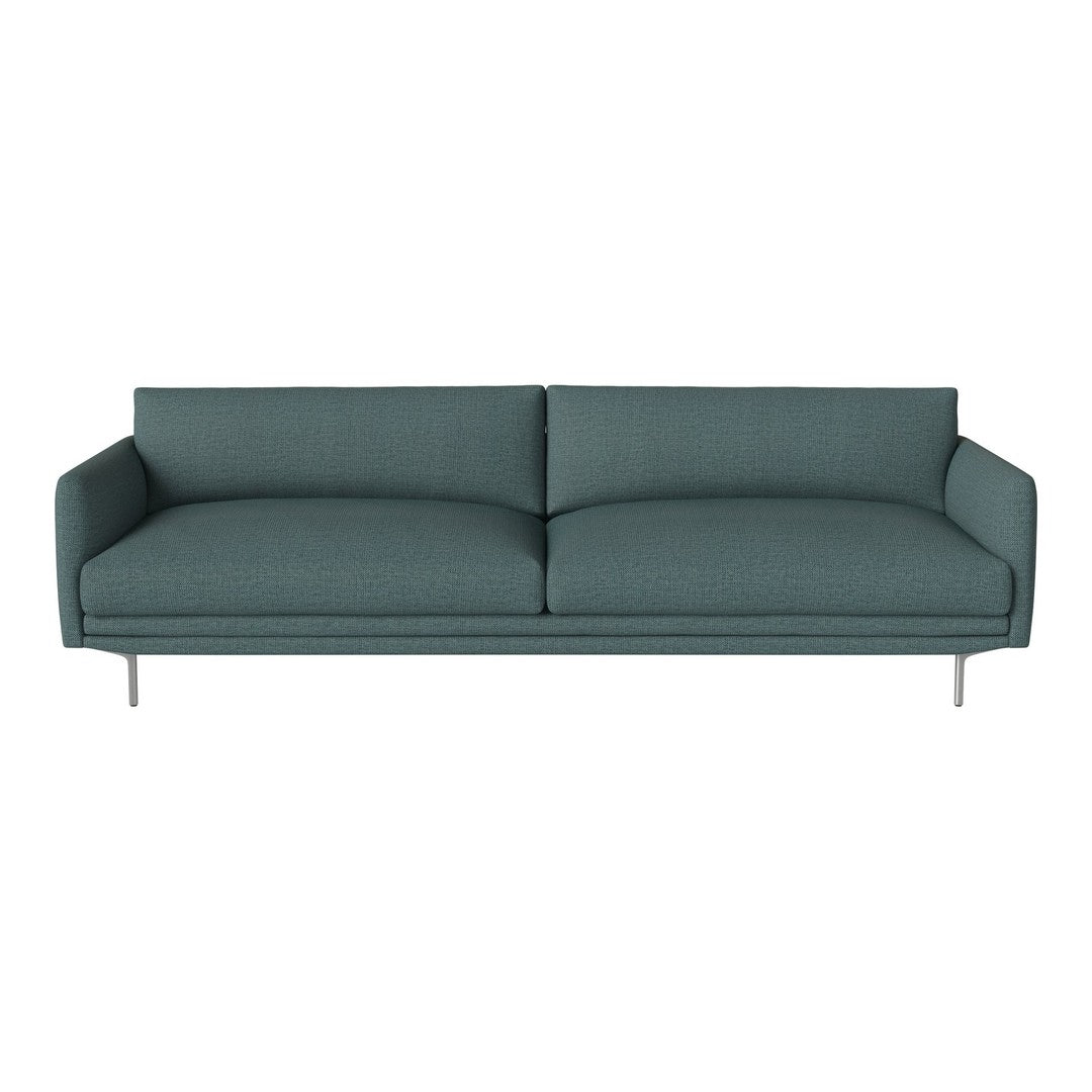 Teal upholstered sofa with a minimalist design and subtle textured pattern. Perfect for modern living spaces.