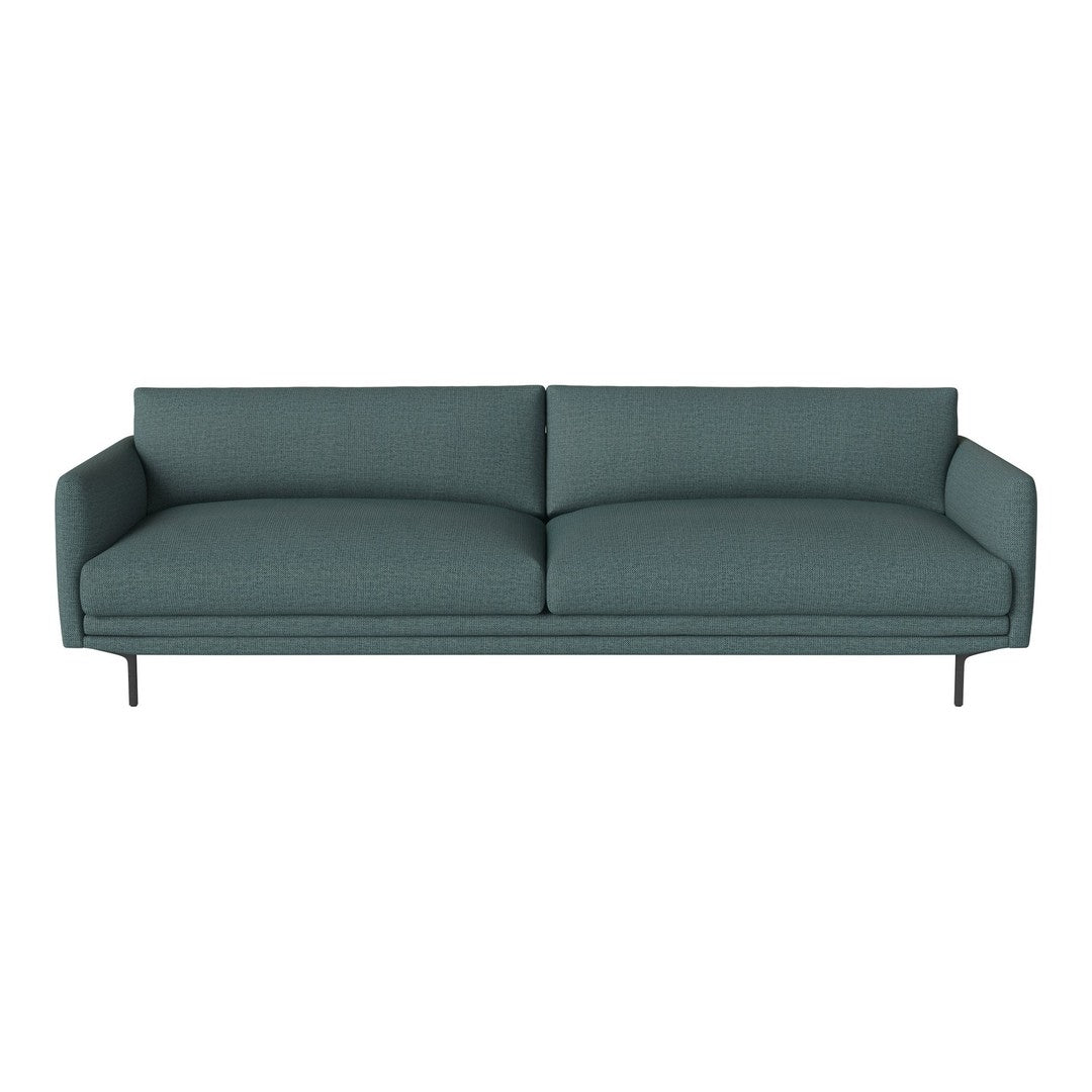 Teal fabric sofa with smooth upholstery and minimalist design, featuring a solid color pattern and sleek metal legs.