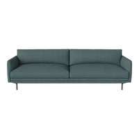 Teal fabric sofa with smooth upholstery and minimalist design, featuring a solid color pattern and sleek metal legs.