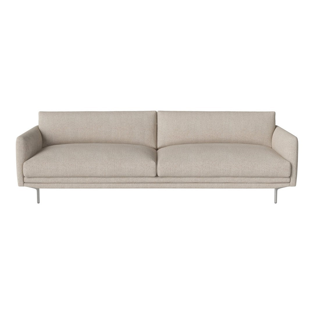 Light beige sofa with a minimalist design and smooth fabric, featuring a simple, modern pattern and sleek metal legs.
