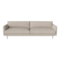 Light beige sofa with a minimalist design and smooth fabric, featuring a simple, modern pattern and sleek metal legs.