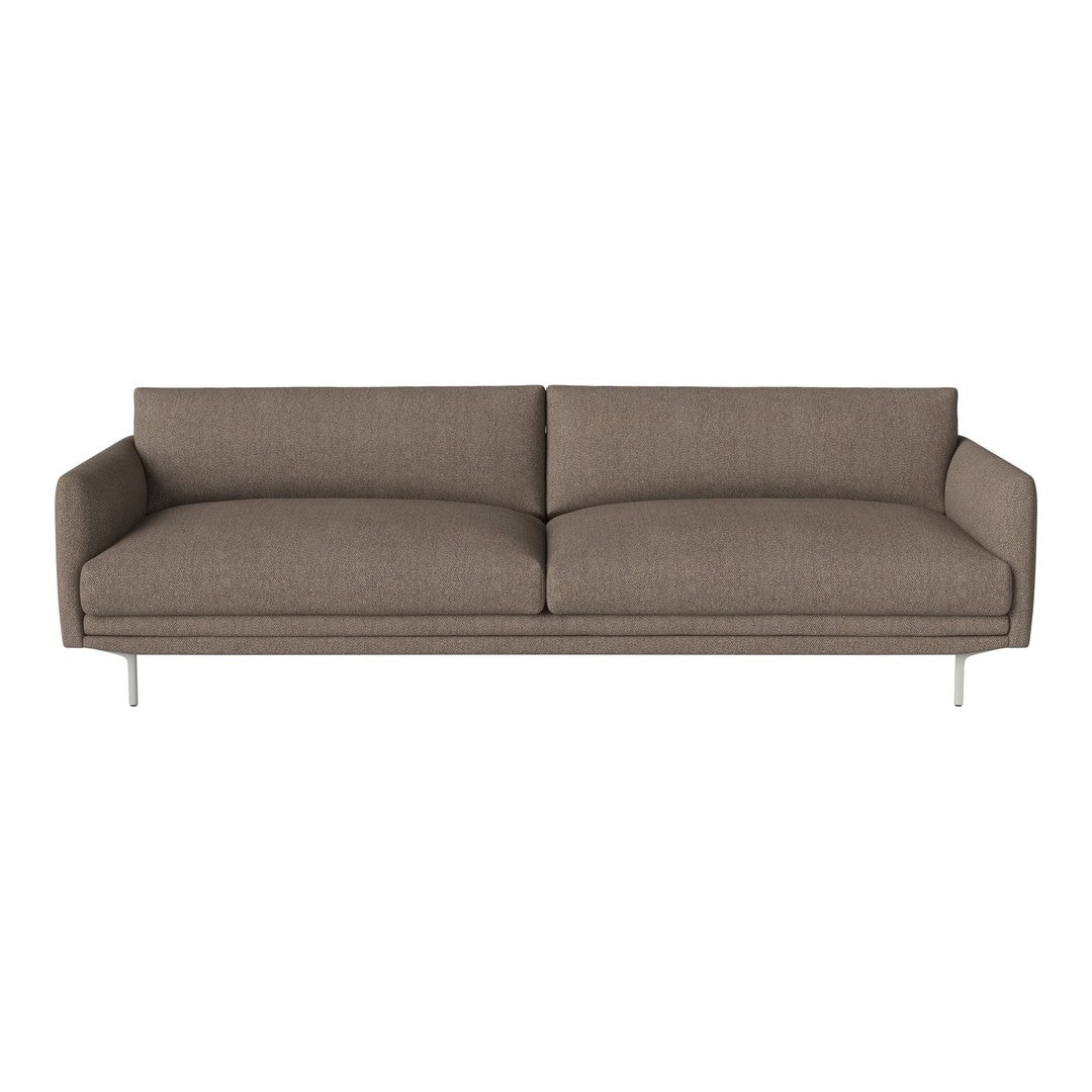 Modern gray sofa with smooth fabric and sleek silver legs, ideal for contemporary living spaces.