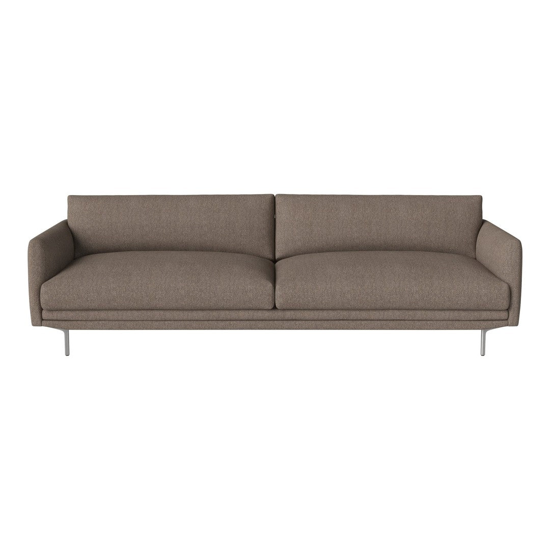 Modern brown fabric sofa with a clean design and smooth texture, featuring two wide cushions and sleek metal legs.