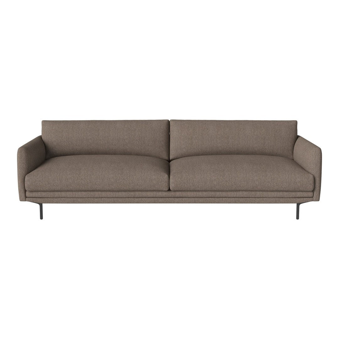 Modern brown sofa with a sleek design and smooth fabric, featuring a subtle textured pattern and minimalist black legs.