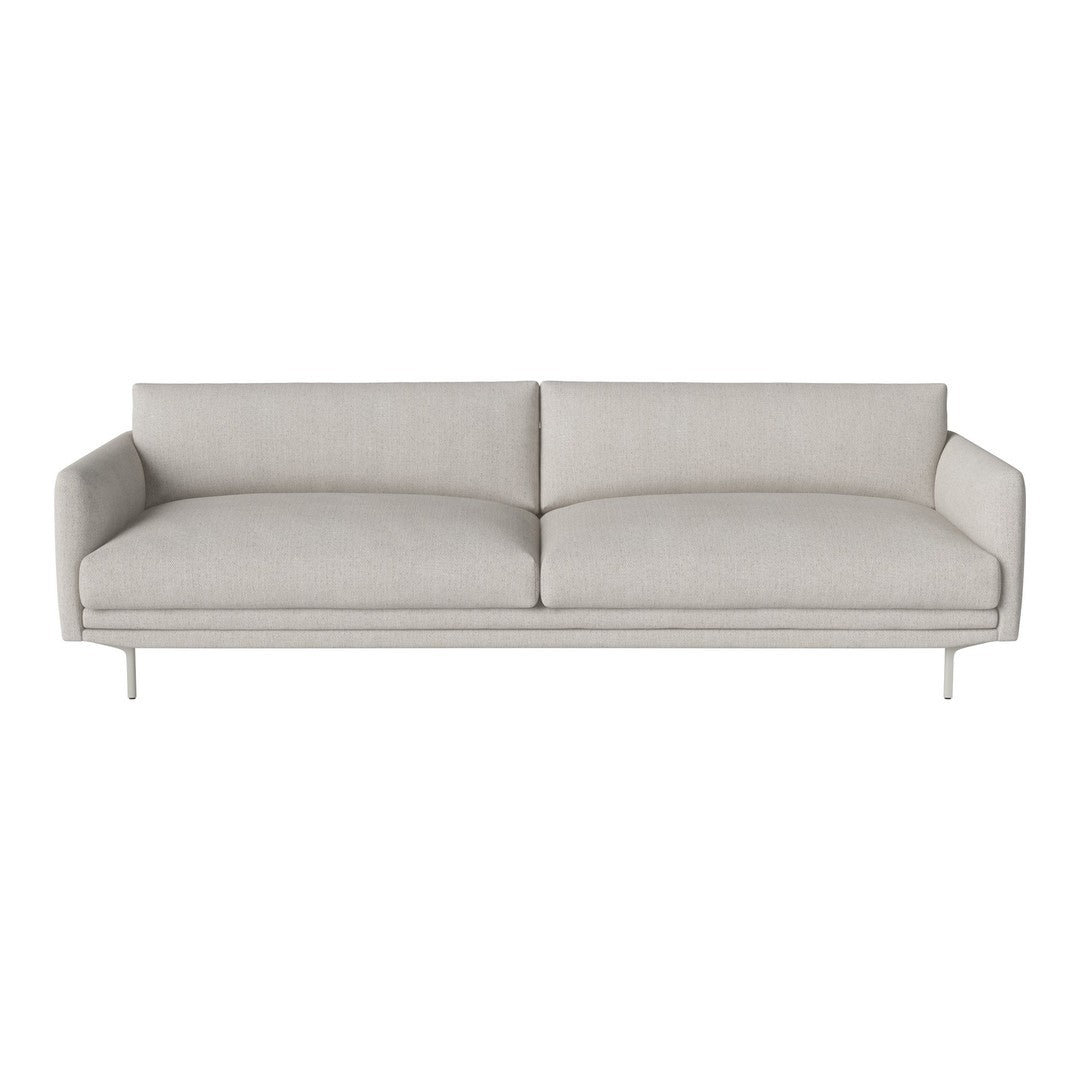 Light gray modern sofa with smooth, minimalist design and clean lines, featuring soft upholstery and sleek legs.