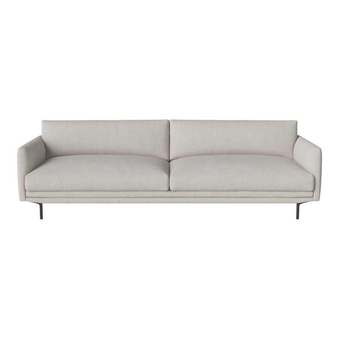 Light gray fabric sofa with a smooth surface and minimalist design, featuring clean lines and no visible pattern.
