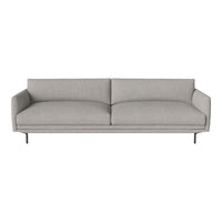 Modern gray sofa with smooth, solid fabric and minimalist design, featuring clean lines and no visible patterns.