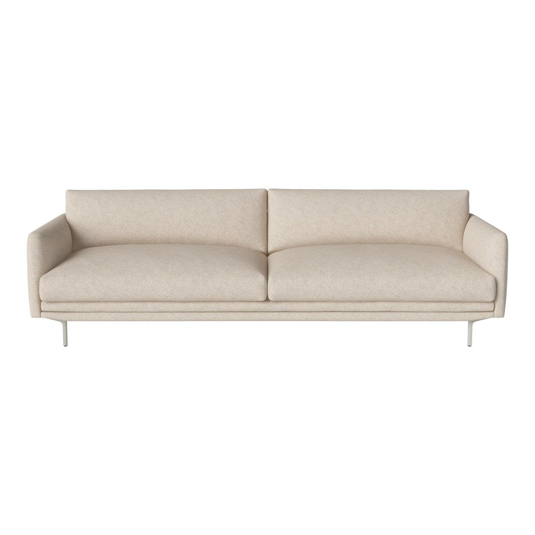 Beige, modern sofa with smooth, minimalist design and subtle texture on a sleek metallic frame.