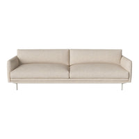 Beige, modern sofa with smooth, minimalist design and subtle texture on a sleek metallic frame.
