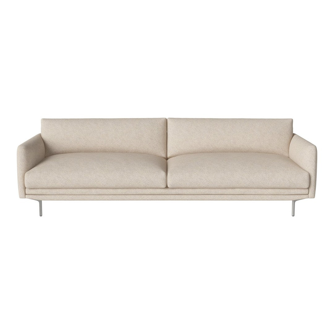Beige modern sofa with a simple linear design and textured upholstery on sleek metal legs.