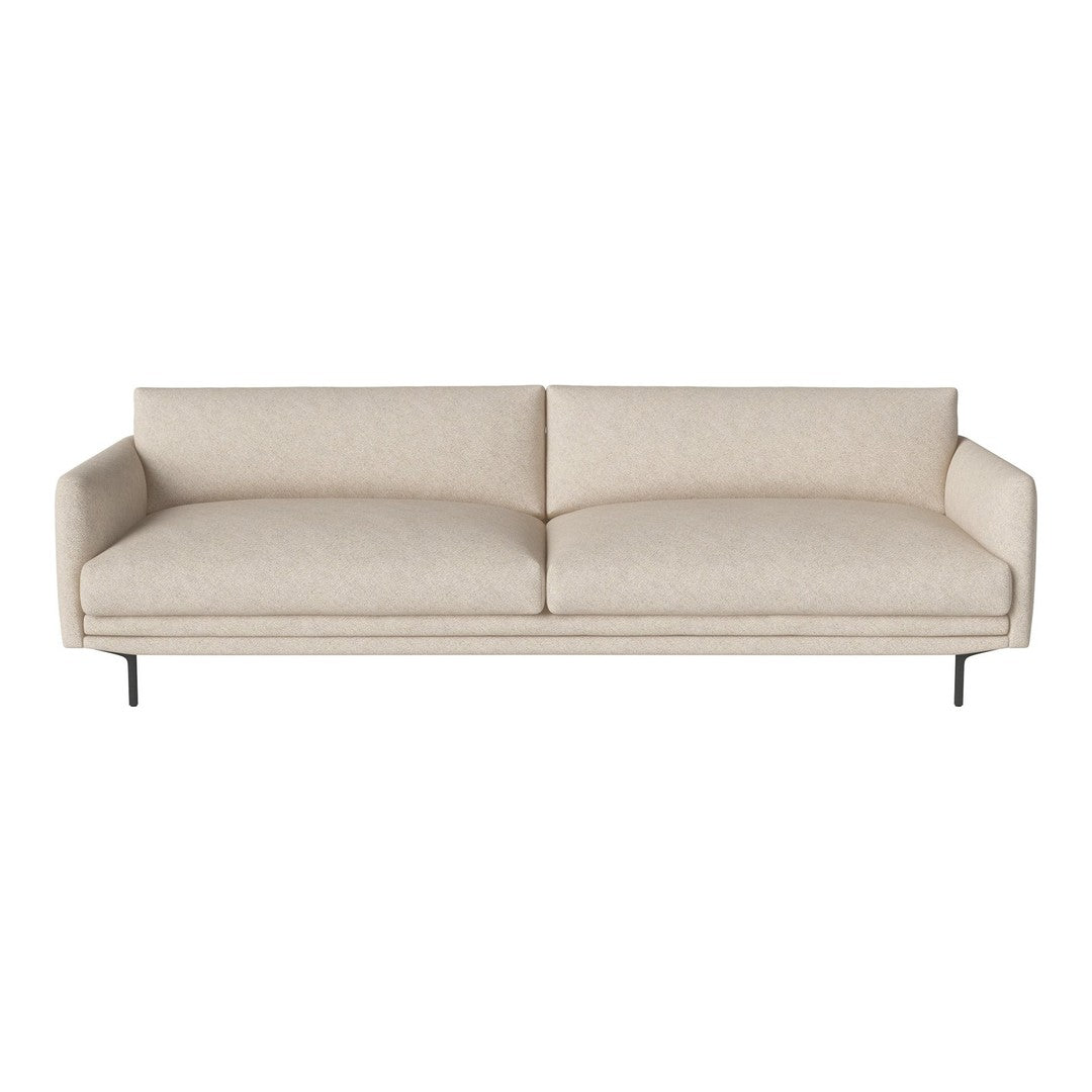 Beige modern sofa with smooth upholstery and minimalist design, featuring clean lines and simple patterns.