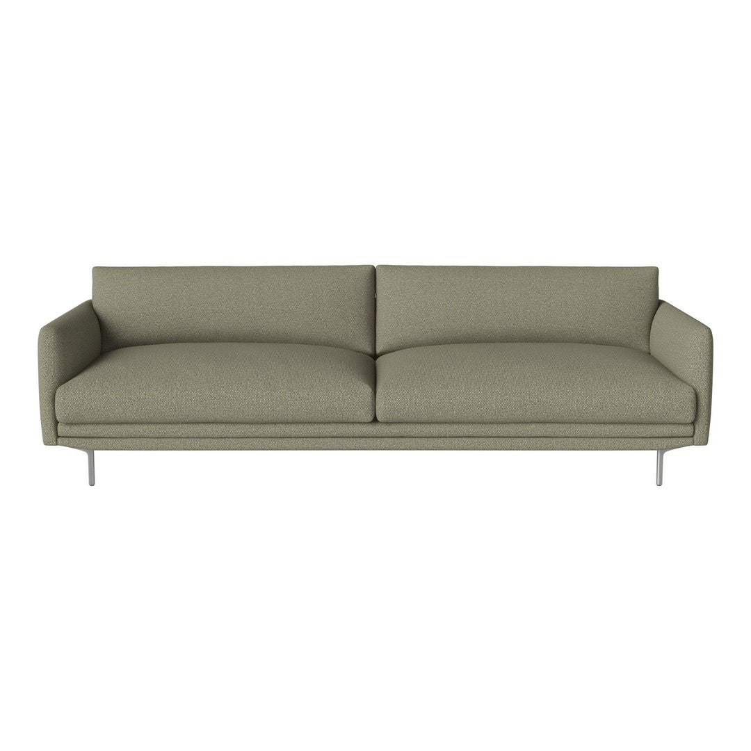 Stylish olive green sofa with smooth, solid upholstery and minimalist silver legs, perfect for modern interiors.