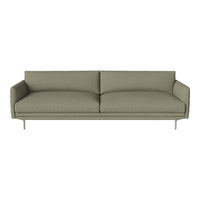 Stylish olive green sofa with smooth, solid upholstery and minimalist silver legs, perfect for modern interiors.