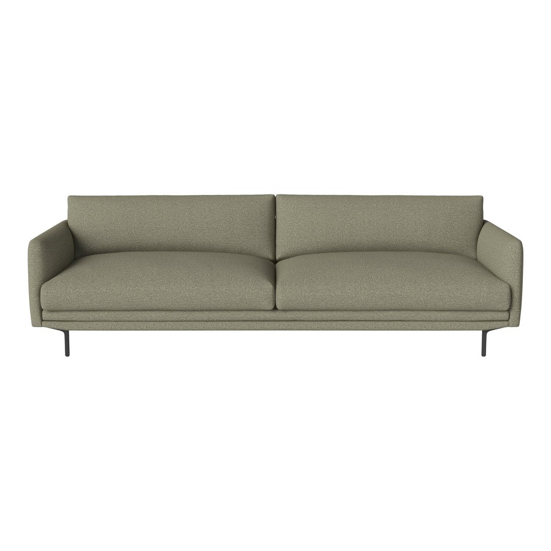 Sleek, modern sofa in soft olive green fabric with clean lines and minimalist design, perfect for contemporary decor.