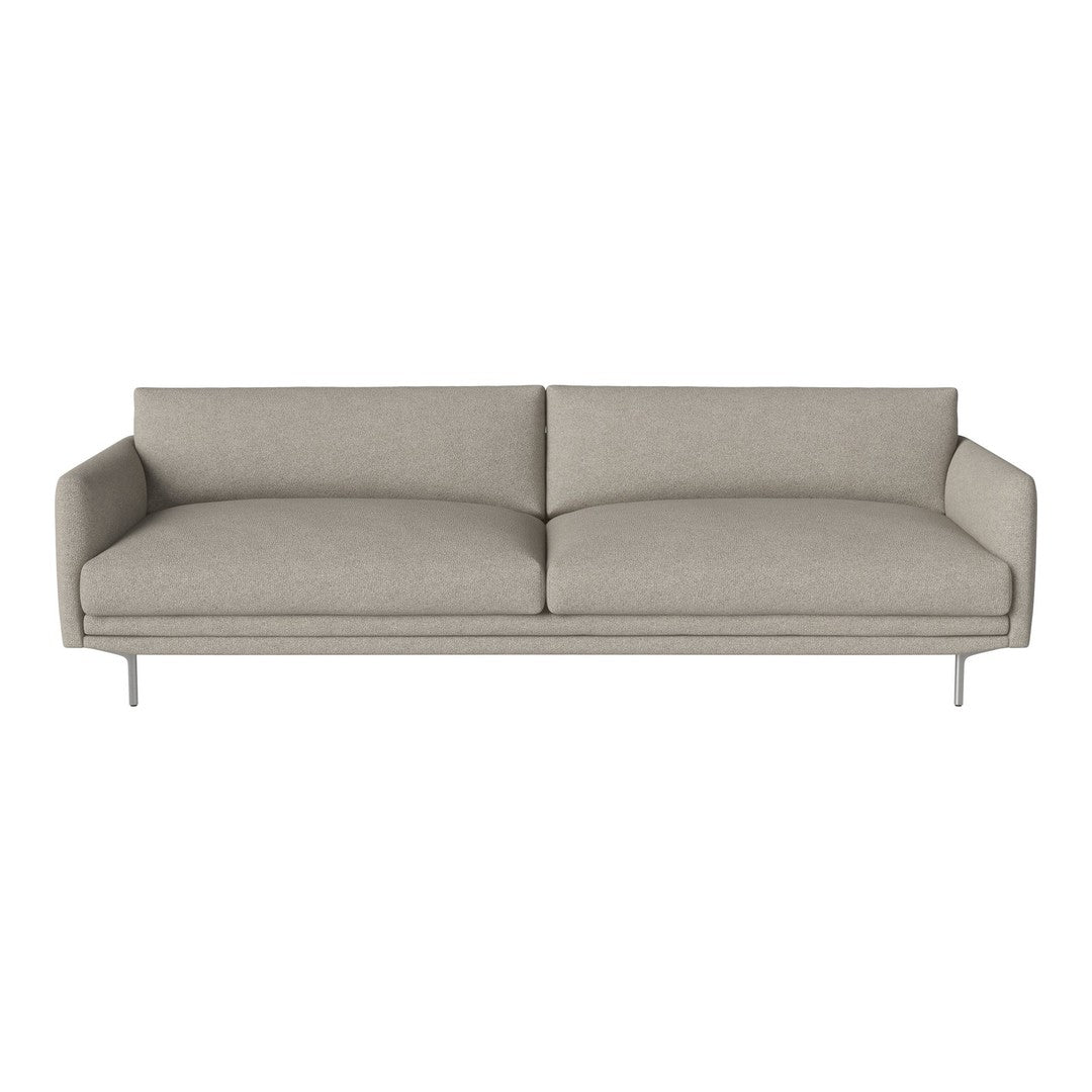 Light grey modern sofa with a minimalist design and smooth upholstery, featuring straight lines and silver legs.