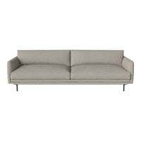 Gray fabric sofa with a simple, modern design and clean lines, featuring a solid color and no visible patterns.