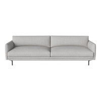 Gray fabric sofa with clean lines and subtle texture, featuring a minimalist design and sleek black legs.