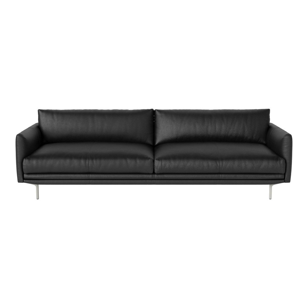 Elegant black leather sofa with a sleek, minimalist design and clean lines, perfect for modern interiors.