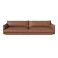 Brown leather sofa with smooth texture and minimalist design, featuring sleek metal legs. Perfect for modern decor.
