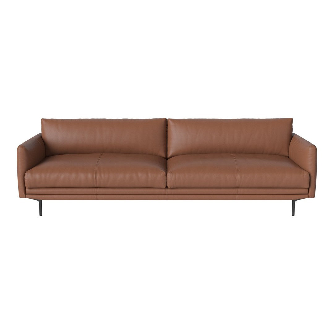 Brown leather sofa with clean lines and subtle vertical stitching on black metal legs. Elegant and modern design.