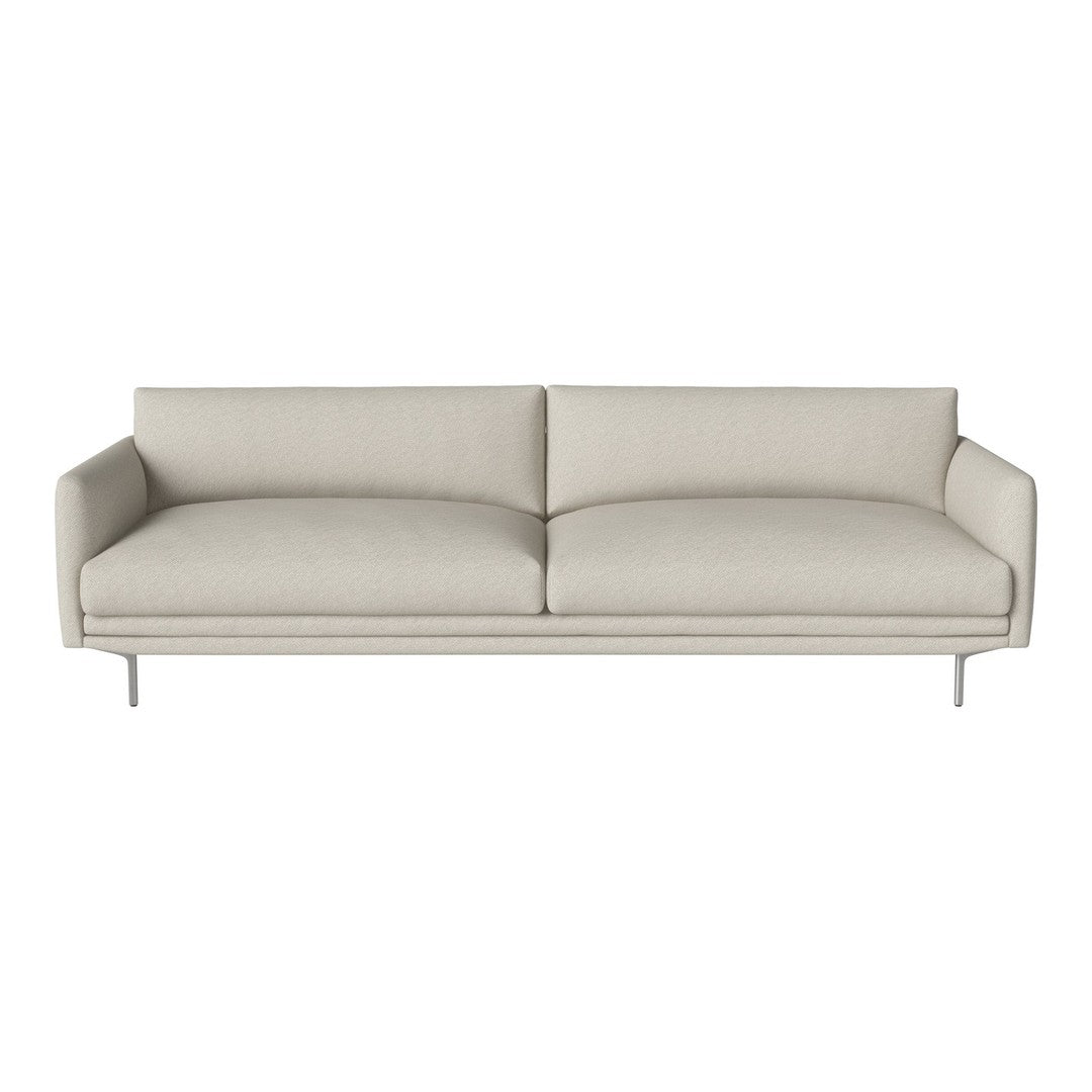 Light beige sofa with clean lines and smooth upholstery, featuring a minimalist design and metallic base.