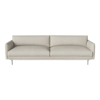 Light beige sofa with clean lines and smooth upholstery, featuring a minimalist design and metallic base.