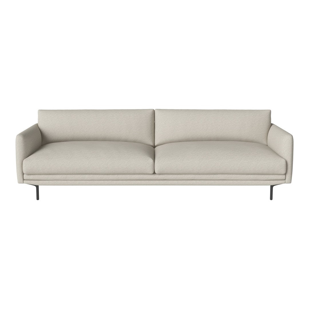Light beige mid-century modern sofa with smooth upholstery and minimalist design.