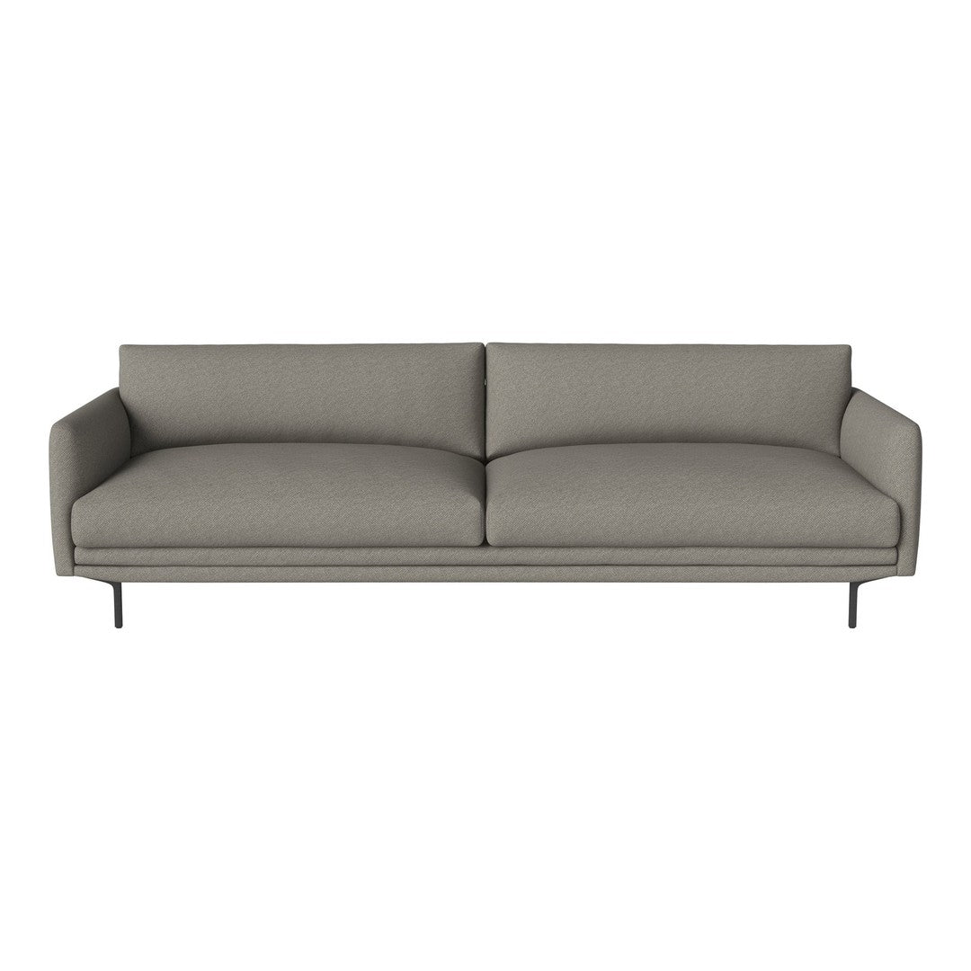 Gray two-seater sofa with smooth fabric and clean lines, featuring a modern minimalist design.