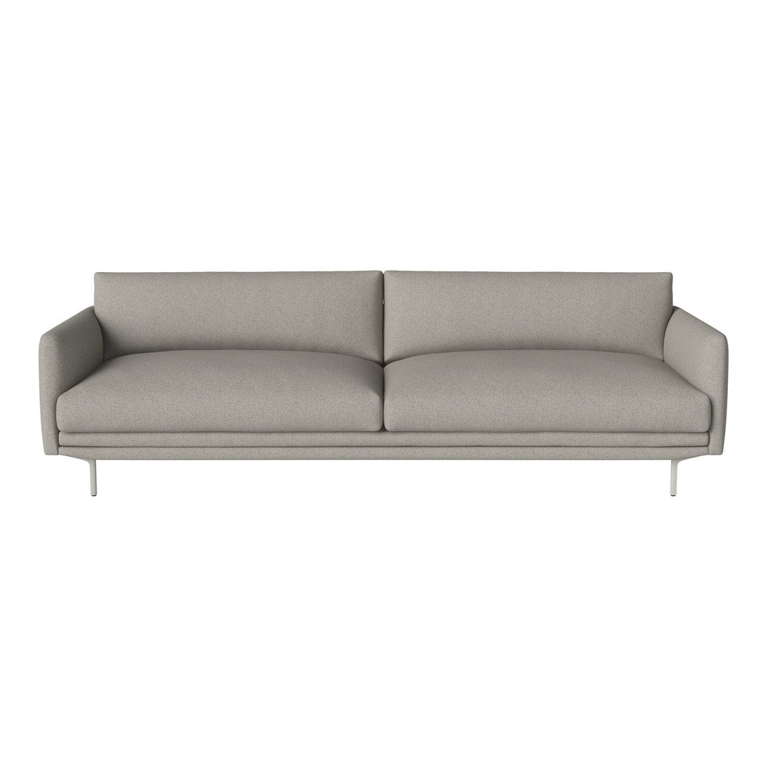 Modern gray sofa with clean lines and minimalist design, featuring smooth upholstery and sleek metal legs.