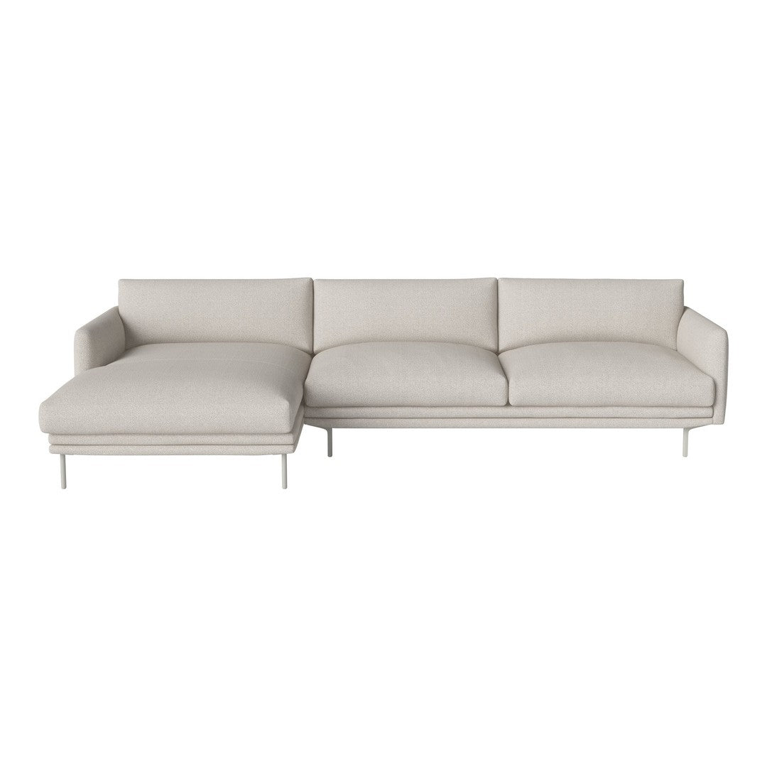 Light beige sectional sofa with a sleek design, featuring a smooth fabric texture and minimalist metal legs.