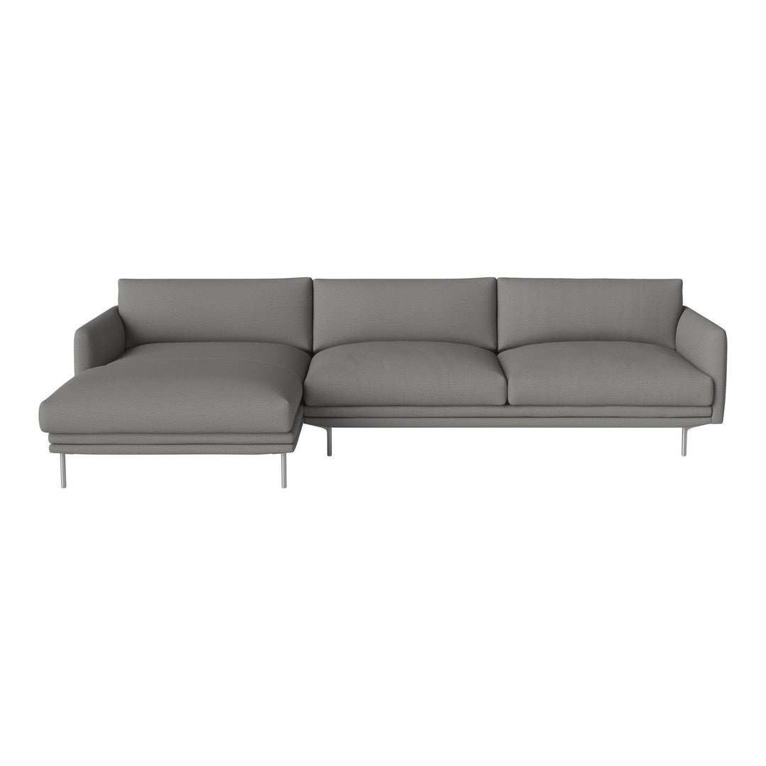 Gray upholstered sectional sofa with modern lines and smooth fabric, featuring a minimalist design and metal legs.