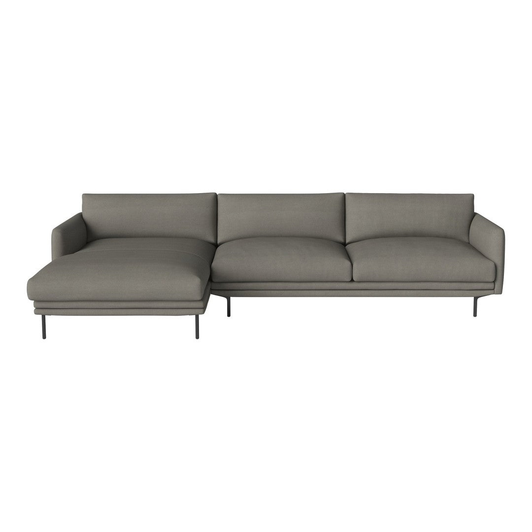 Stylish gray sectional sofa with a clean design and soft fabric upholstery, featuring a solid, muted color.