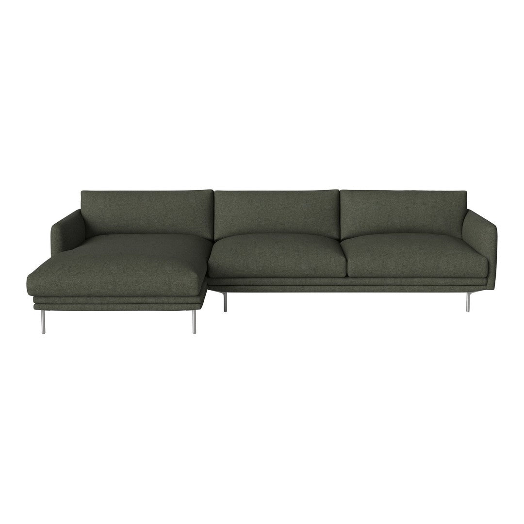 Olive green sectional sofa with a modern design and subtle texture, featuring clean lines and sleek metal legs.