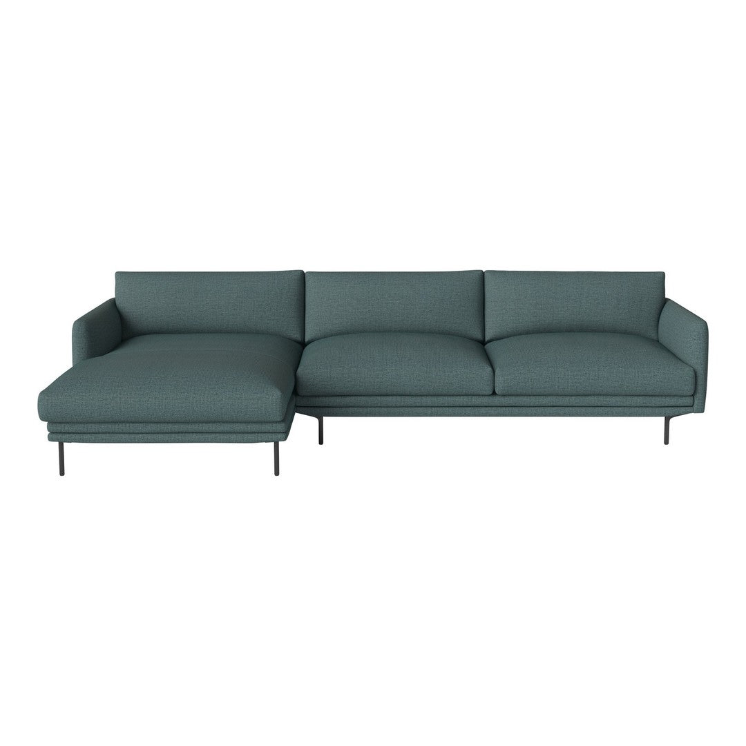 Teal sectional sofa with a modern, minimalist design and smooth fabric upholstery. Perfect for contemporary living spaces.