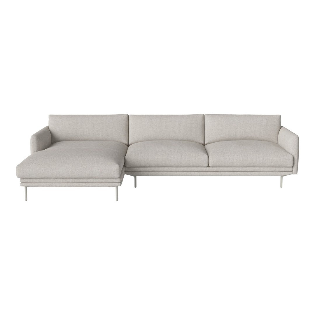 Light gray sectional sofa with smooth fabric and minimalist design, featuring simple lines and no distinct patterns.