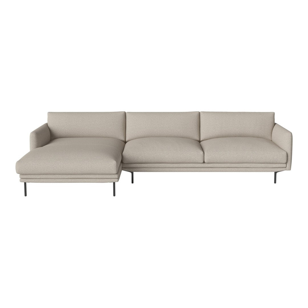 Light beige sectional sofa with smooth fabric and minimalist design, featuring a left-facing chaise lounge.