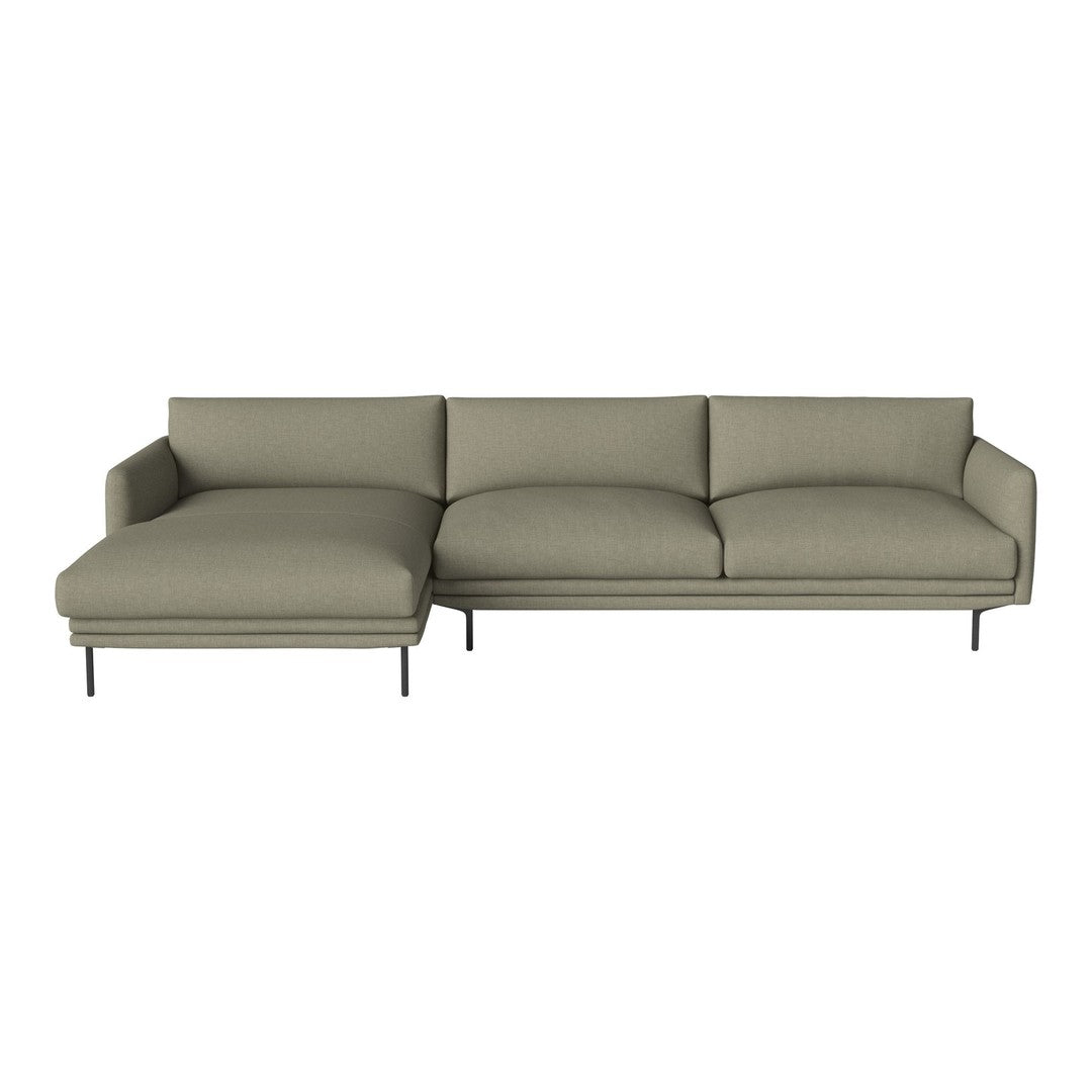 Olive green sectional sofa with a minimalist design and smooth fabric, featuring plush cushions and sleek metal legs.