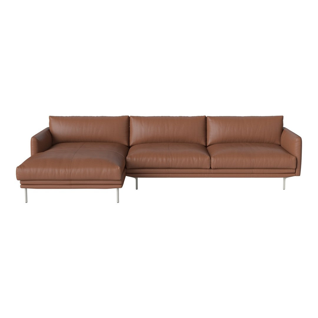 Brown leather sectional sofa with a sleek design and smooth texture, featuring clean lines and minimalist style.