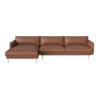 Brown leather sectional sofa with a sleek design and smooth texture, featuring clean lines and minimalist style.