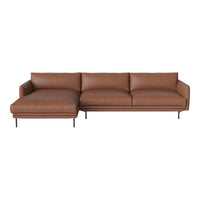 Brown leather sectional sofa with sleek lines and smooth, minimalist design. Perfect for modern living spaces.