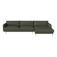 Modern dark green sectional sofa with textured fabric and clean lines, featuring a sleek metal frame.