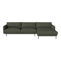 Olive green modular sofa with a sleek design and textured fabric, featuring a chaise lounge for added comfort.