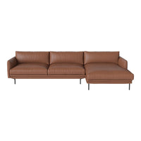 Brown leather sectional sofa with a smooth texture and clean lines, ideal for modern living spaces.