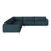 Teal sectional sofa with a modern design and clean lines, featuring plush cushions and sleek metal legs.