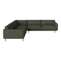 Dark green sectional sofa with a sleek design and minimalist style, featuring smooth fabric and clean lines.