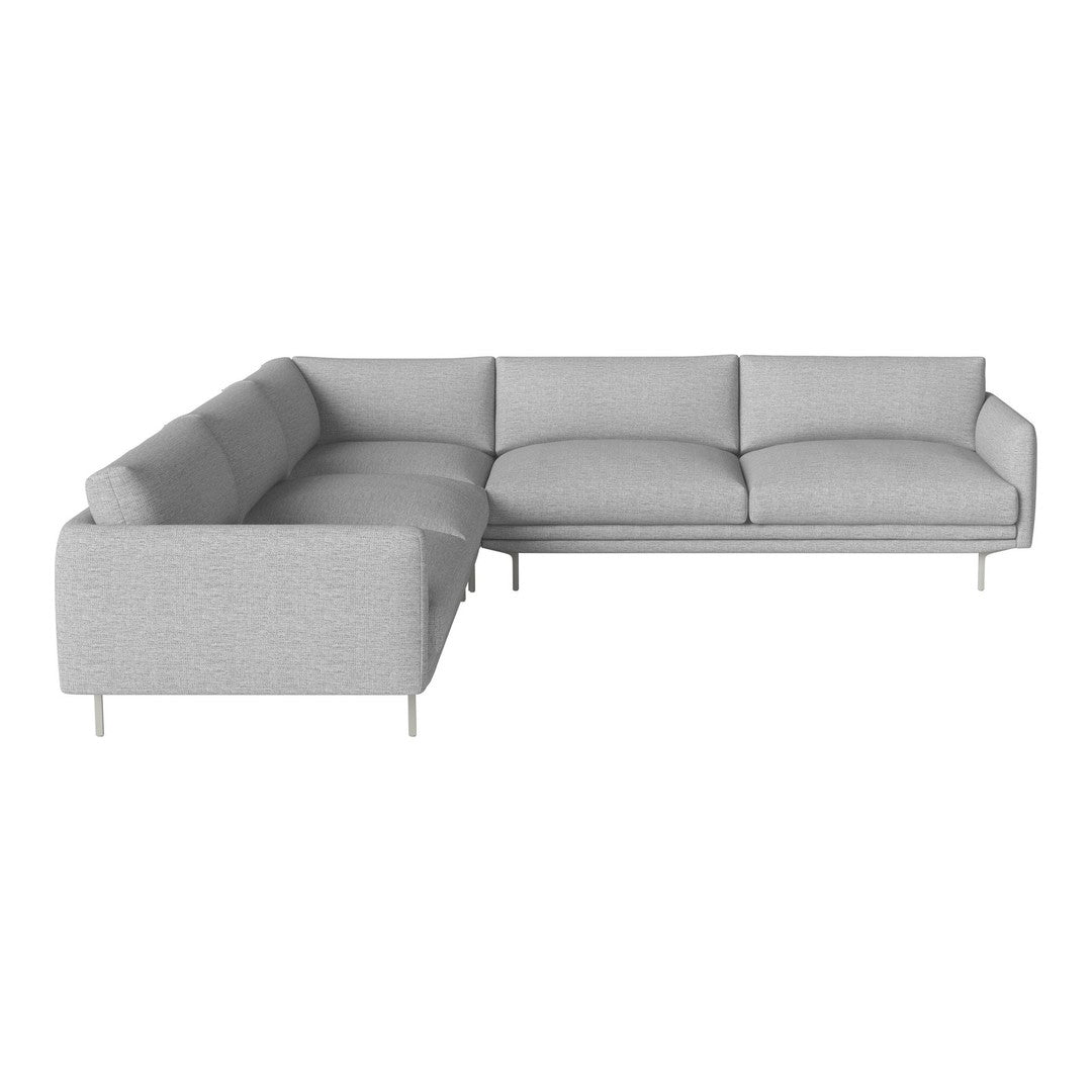Light grey sectional sofa with minimalist design and smooth fabric, featuring subtle stitching details.