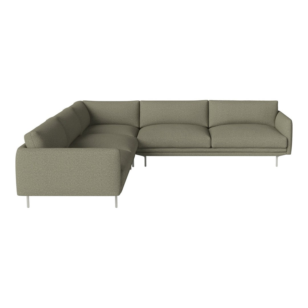 Modern L-shaped sectional sofa in soothing olive green fabric with a minimalist design and sleek silver legs.