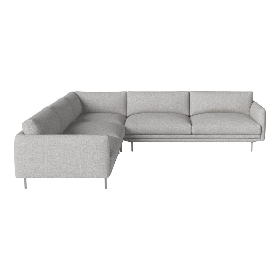 Light gray sectional sofa with smooth fabric and minimalist design, featuring subtle textures and clean lines.