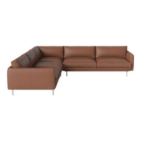 Brown leather sectional sofa with clean lines and subtle stitching details, featuring a modern and minimalist design.
