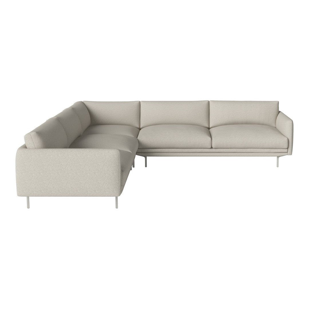 Light beige sectional sofa with simple lines and smooth upholstery, ideal for modern living spaces.